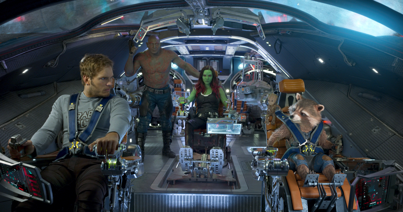 Guardians Of The Galaxy Vol. 2..L to R: Star-Lord/Peter Quill (Chris Pratt), Drax (Dave Bautista), Gamora (Zoe Saldana), Groot (voiced by Vin Diesel) and Rocket (voiced by Bradley Cooper)..Ph: Film Frame..?Marvel Studios 2017