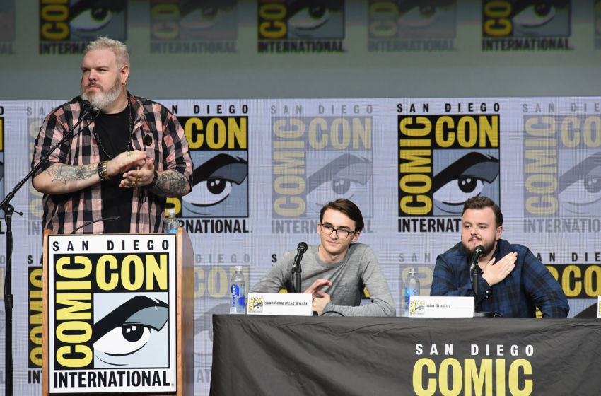 SAN DIEGO, CA - JULY 21: (L-R) Actors Kristian Nairn, Isaac Hempstead Wright and John Bradley speak onstage at Comic-Con International 2017 'Game Of Thrones' panel And Q A Session at San Diego Convention Center on July 21, 2017 in San Diego, California. (Photo by Kevin Winter/Getty Images)