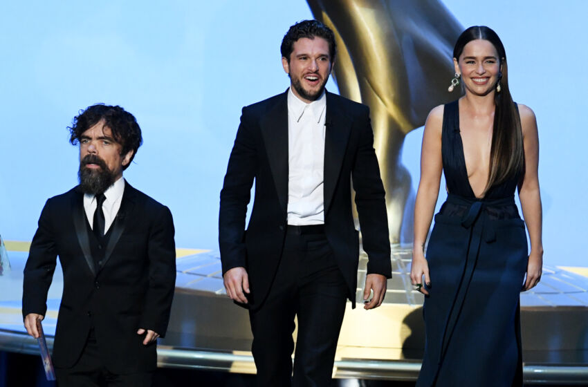 LOS ANGELES, CALIFORNIA - SEPTEMBER 22: (L-R) Peter Dinklage, Kit Harington, and Emilia Clarke speak onstage during the 71st Emmy Awards at Microsoft Theater on September 22, 2019 in Los Angeles, California. (Photo by Kevin Winter/Getty Images)